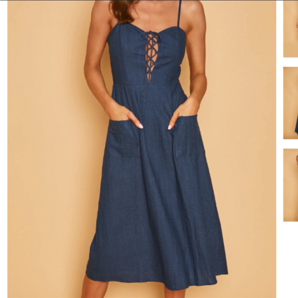 Lost + Wander Navy Blue Sleeveless Linen Midi Dress New With Tags Size Medium - Picture 2 of 15